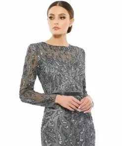 Mac Duggal Beaded Long Sleeve Evening Gown