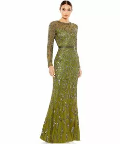 Mac Duggal Beaded Long Sleeve Evening Gown