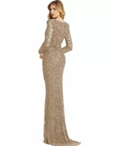 Mac Duggal Beaded Illusion Plunge Neck Long Sleeve Gown Shop For