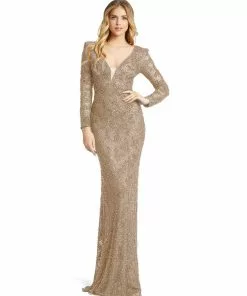 Mac Duggal Beaded Illusion Plunge Neck Long Sleeve Gown Shop For