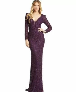Mac Duggal Beaded Illusion Plunge Neck Long Sleeve Gown Shop For