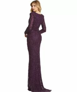 Mac Duggal Beaded Illusion Plunge Neck Long Sleeve Gown Shop For