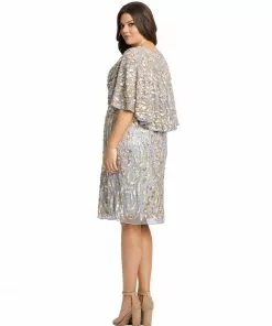 Mac Duggal Short Dresses Embellished Cape Sleeve Cocktail Dress (Plus)