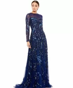 Mac Duggal Shop For Long Sleeve Embellished Illusion Evening Gown