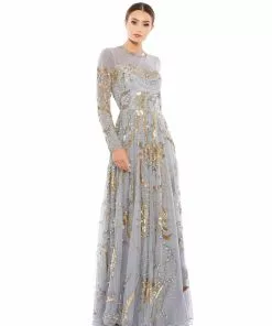Mac Duggal Shop For Long Sleeve Embellished Illusion Evening Gown