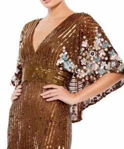 Mac Duggal Sequined V Neck Floral Embellished Cape Sleeve Gown Shop For