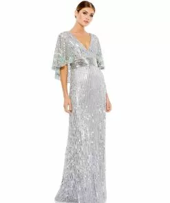 Mac Duggal Sequined V Neck Floral Embellished Cape Sleeve Gown Shop For