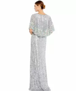 Mac Duggal Sequined V Neck Floral Embellished Cape Sleeve Gown Shop For