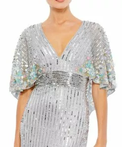 Mac Duggal Sequined V Neck Floral Embellished Cape Sleeve Gown Shop For
