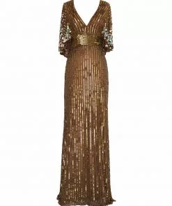 Mac Duggal Sequined V Neck Floral Embellished Cape Sleeve Gown Shop For