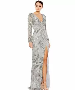 Mac Duggal Sequined Faux Wrap Split Long Sleeve Gown Shop For