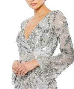 Mac Duggal Sequined Faux Wrap Split Long Sleeve Gown Shop For