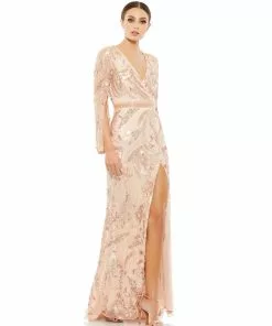 Mac Duggal Sequined Faux Wrap Split Long Sleeve Gown Shop For