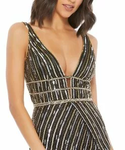 Mac Duggal Shop For Metallic Embellished Plunge Neck Open Back Gown