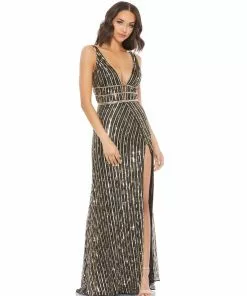 Mac Duggal Shop For Metallic Embellished Plunge Neck Open Back Gown