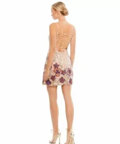 Mac Duggal Champagne Multi Floral Sequined Low Back Mini Dress | Final Sale Short Dresses