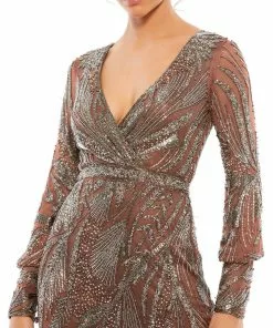Mac Duggal Long Sleeve Beaded Surplice Cocktail Dress Cocktail Dresses