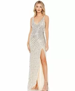 Mac Duggal Faux Wrap Sequined Evening Gown
