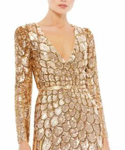 Mac Duggal Bridesmaid Dresses Metallic Sequined Long Sleeve Gown