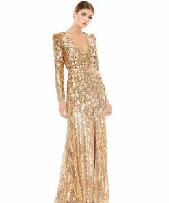 Mac Duggal Bridesmaid Dresses Metallic Sequined Long Sleeve Gown