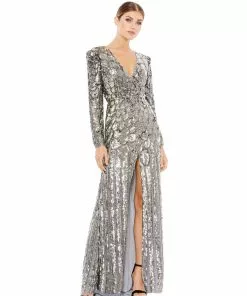 Mac Duggal Bridesmaid Dresses Metallic Sequined Long Sleeve Gown