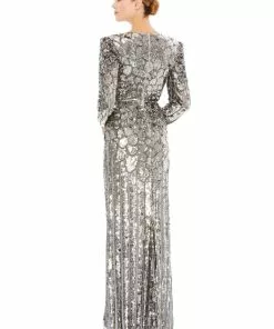 Mac Duggal Bridesmaid Dresses Metallic Sequined Long Sleeve Gown