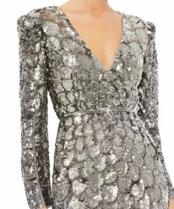 Mac Duggal Bridesmaid Dresses Metallic Sequined Long Sleeve Gown