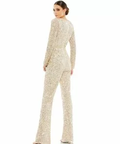 Mac Duggal Sequined Long Sleeve Illusion Plunge Neck Jumpsuit
