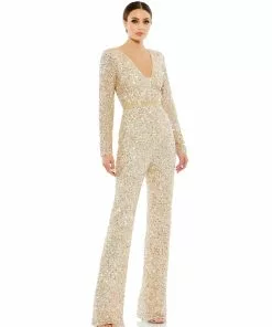 Mac Duggal Sequined Long Sleeve Illusion Plunge Neck Jumpsuit