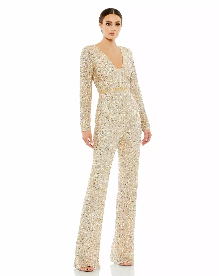 Mac Duggal Sequined Long Sleeve Illusion Plunge Neck Jumpsuit 1 Mac Duggal Sequined Long Sleeve Illusion Plunge Neck Jumpsuit