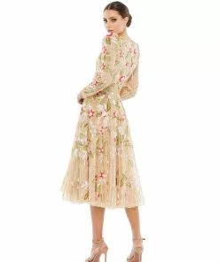 Mac Duggal Shop For Long Sleeve Floral Beaded Midi Dress
