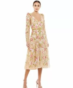 Mac Duggal Shop For Long Sleeve Floral Beaded Midi Dress