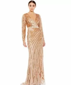 Mac Duggal Long Sleeve Sequin Streaked Gown Shop For