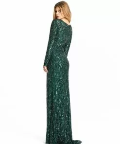 Mac Duggal Long Sleeve Beaded V-Neck Gown