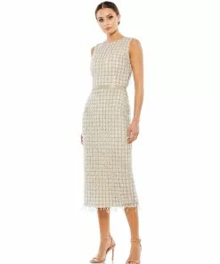 Mac Duggal Shop For Embellished Fringed Midi Sheath Dress