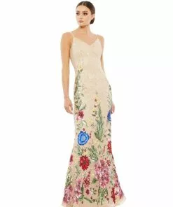 Mac Duggal Floral Embellished Spaghetti Strap Gown