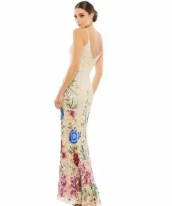 Mac Duggal Floral Embellished Spaghetti Strap Gown