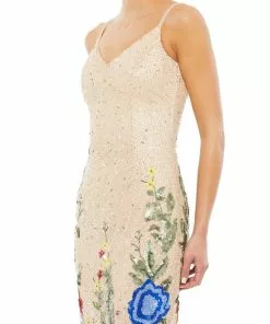 Mac Duggal Floral Embellished Spaghetti Strap Gown