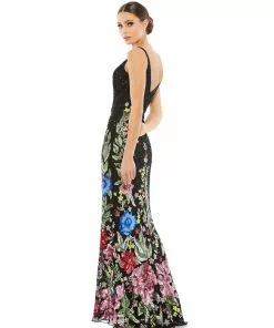 Mac Duggal Floral Embellished Spaghetti Strap Gown