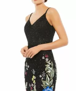Mac Duggal Floral Embellished Spaghetti Strap Gown