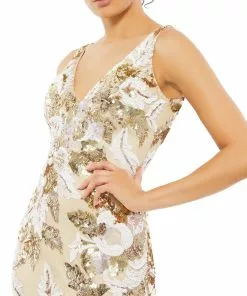 Mac Duggal Floral Embellished Sequined Gown