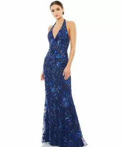 Mac Duggal Floral Embellished Halter Gown