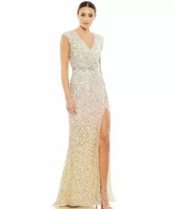 Mac Duggal Shop For Cap Sleeve Sequined High Slit Gown
