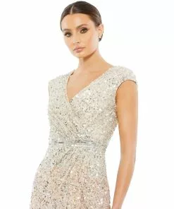 Mac Duggal Shop For Cap Sleeve Sequined High Slit Gown