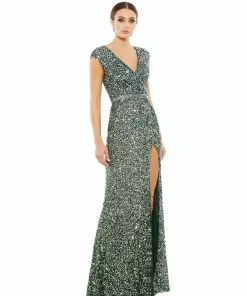 Mac Duggal Shop For Cap Sleeve Sequined High Slit Gown