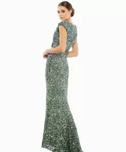 Mac Duggal Shop For Cap Sleeve Sequined High Slit Gown