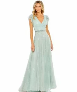 Mac Duggal Sequined Wrap Over Ruffled Cap Sleeve Gown Shop For