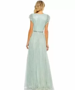 Mac Duggal Sequined Wrap Over Ruffled Cap Sleeve Gown Shop For