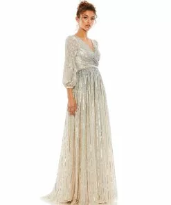 Mac Duggal Sequined Elbow Sleeve Surplice Gown Shop For 22 Mac Duggal Sequined Elbow Sleeve Surplice Gown Shop For