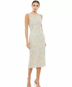 Mac Duggal Sleeveless Sequined Midi Sheath Dress